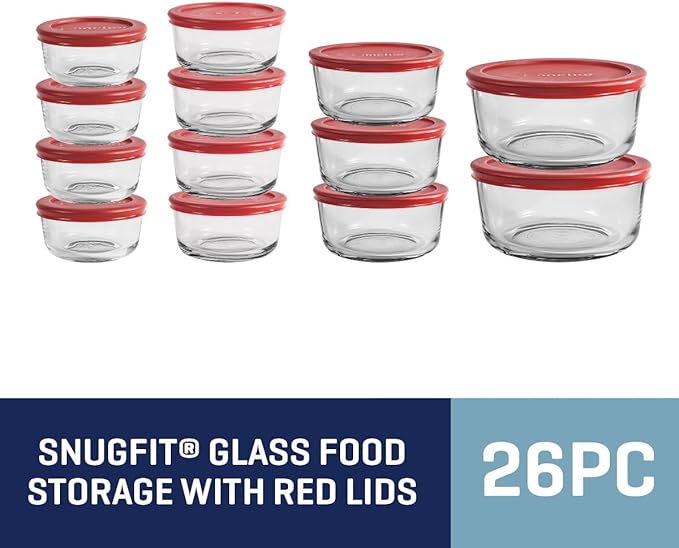 Anchor Hocking 26 Piece Glass Storage Containers with Lids (13 Glass Food Storage Containers & 13 Red SnugFit Lids)