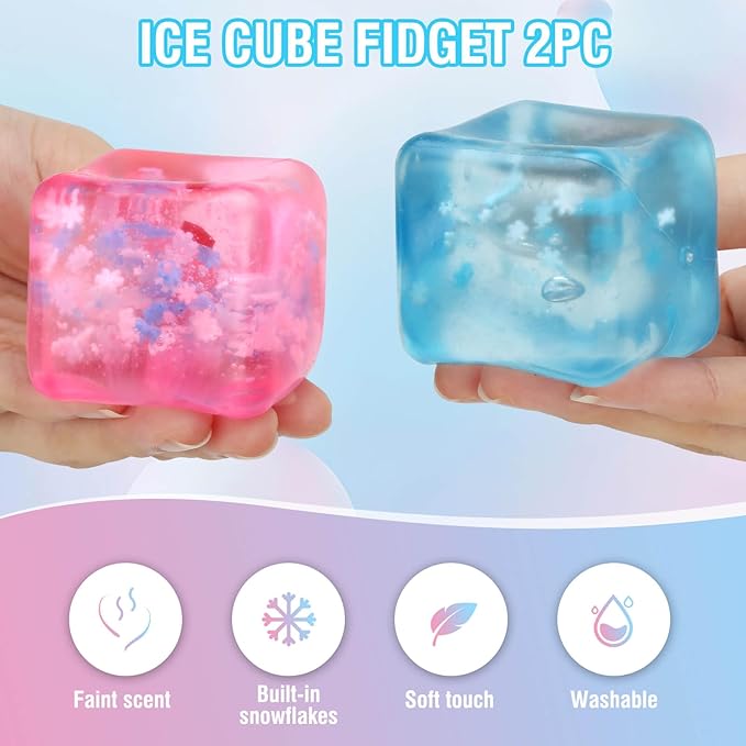 Fidget Toy for All Ages: 2 Pack Soft Sensory Fidget Ice Cube Stress Ball Squishy Cube Stress Relief Toys for Kids, Teens and Adults Party Favors, Birthday Gift for Kids Age 3+
