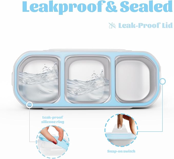 Stainless Steel Snack Containers for Kids Adults, 2 Pack 3 Compartment Metal Snack Containers Box with Lid, Reusable Food Storage Container, Leak Proof, Grab and Go, Blue