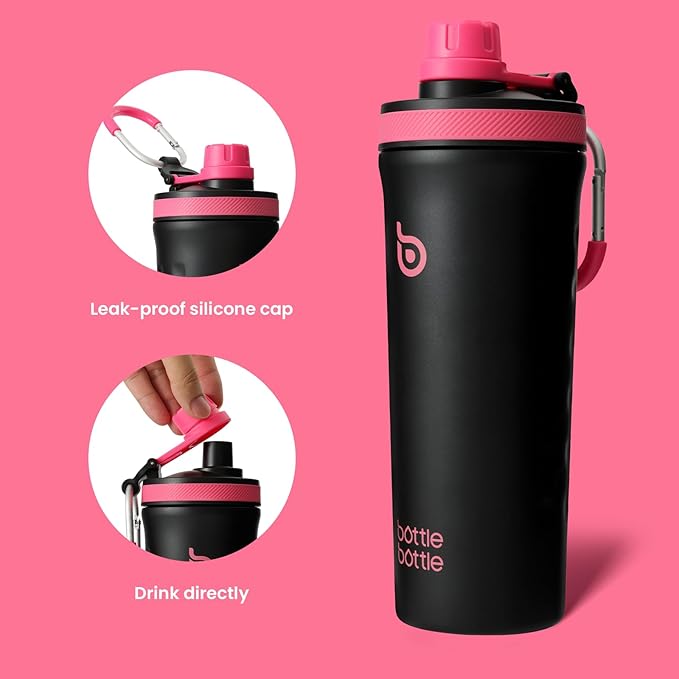 BOTTLE BOTTLE 26 oz Insulated Shaker Bottle Insulated Water Bottle for Men and Women Protein Shaker Bottles for Gym Water Cup black
