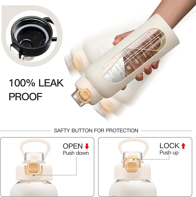 32 oz Glass Water Bolttles with Straw Large Motivational Water Bottle with Time Marker Sports Water Bottles with Silicone Sleeve and Handle Lid Water Jug for Gym Workout