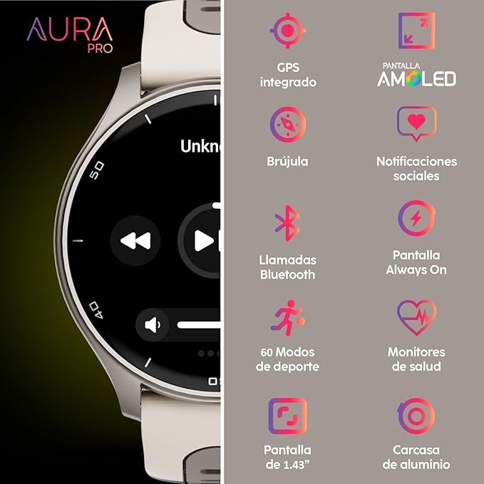 Cubitt Aura Pro Smartwatch/Fitness Tracker with 1.43" Touch AMOLED Screen, Bluetooth Call, Built in GPS, 60+ Sports, Blood Oxygen, Heart Rate, Stress/Sleep Monitor, Waterproof, Step Counter, Compass