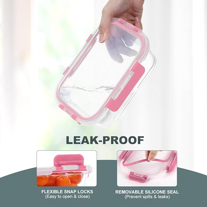 KOMUEE 10 Pack Glass Food Storage Containers, Meal Prep Containers with Lids, Airtight Glass Lunch Boxes, Freezer, Oven, and Microwave Safe, Pink