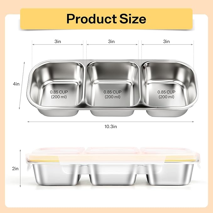 Stainless Steel Snack Containers, Reusable Snack Containers with Lids Stainless Steel Lunch Box with 3 Compartment Divided Food Storage for Home Work Travel Outdoor Camping (Yellow 3 Pack)