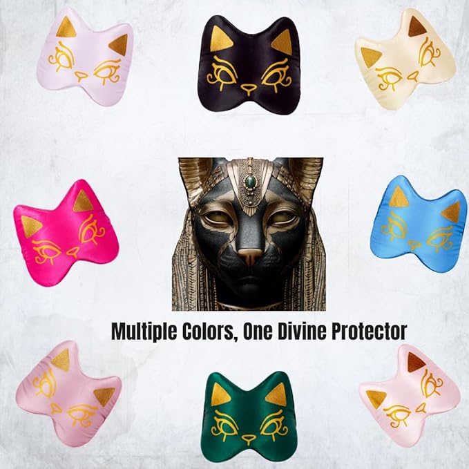 Silk Sleep Mask Blindfold Eye Mask for Sleep Cute Cat Print Embroidered Eye Cover Adjustable Oversized Egyptian Bastet with Gift Box&Pouch(Midnight Bastet-Adjustable Strap)