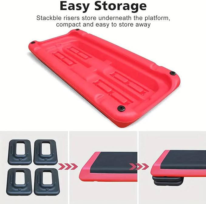 Adjustable Workout Aerobic Exercise Step Platform, Fitness & Exercise Step Platform with 2/4 Stackable Risers for Home Gym Cardio Training(Grey/Red)