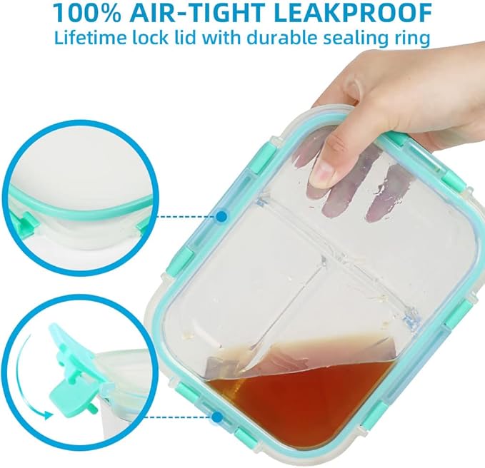 DAS TRUST 3 Pack Bento Box Glass Meal Prep Containers with Lids - 3 Compartment Glass Food Storage Containers for Microwave Oven