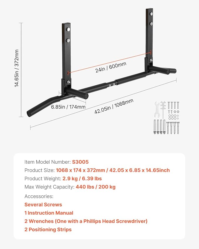 VEVOR Joist Mount Pull Up Bar, Ceiling Mounted Chin Up Bar for Home Gym, Multi-Grip Pull Ups, 42 in Width Multifunctional Training Station, Heavy Duty Steel Upper Body Workout Bars, 440 lbs Capacity