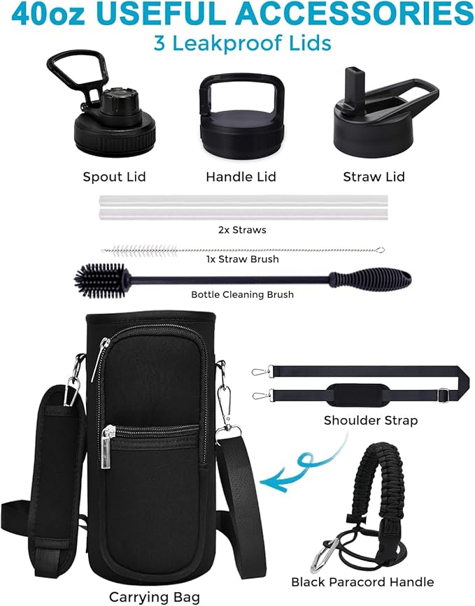 Travel Water Bottle with Carrying Bag, 3 Lids (Spout, Straw, Handle), and Bottle Brush; Leak Proof, Quality, Vacuum Insulated, Stainless Steel (Sunrise, 40 oz)