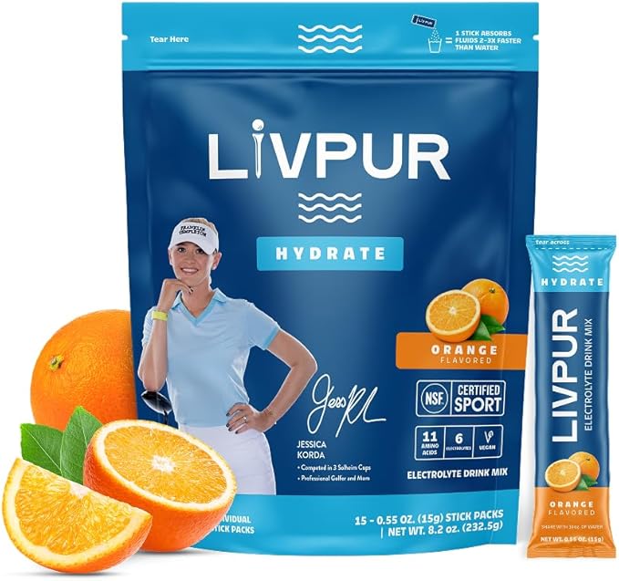 LivPur Electrolyte Drink Mix, Instant Hydration Powder with Vitamin C, B6, B12 & Essential Amino Acids for Muscle Support & Immune Health, Sports Essentials, Orange Flavor, 15 Stick Packs