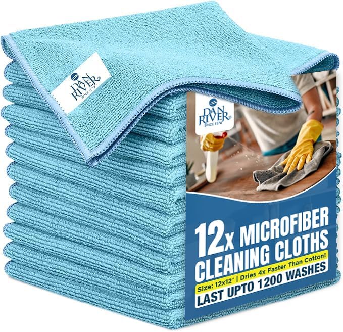 DAN RIVER 12-Pack Blue Microfiber Towels โ Ultra Absorbent, Lint-Free & Streak-Free Cleaning Towels for Home, Car & Kitchen - Must-Have Cleaning Essentials - 12" x 12"