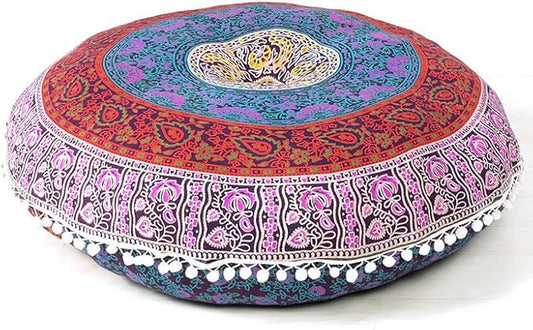 Eyes of India - 32" Pink Blue Green Floor Pillow Meditation Cushion Seating Throw Mandala Cover Hippie Round Colorful Decorative Bohemian Accent Boho Chic Dog Bed Indian Handmade Cover ONLY