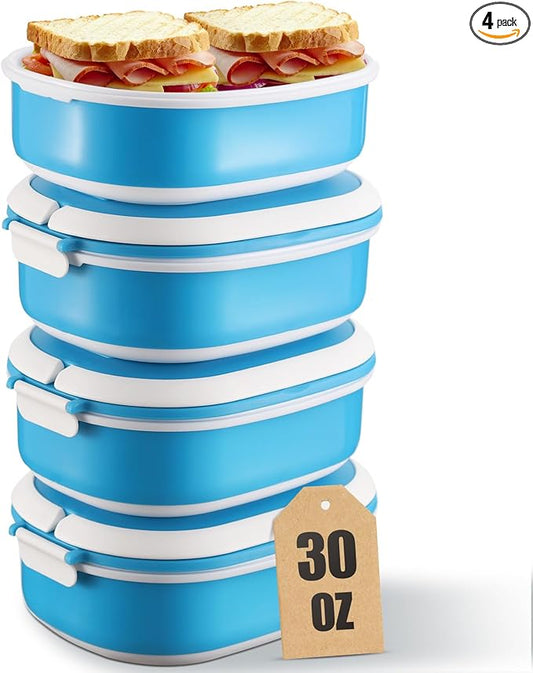 4 Pack Airtight Food Storage Containers,Reusable Kitchen Sandwich Containers with Lids Set for Meal Prep, Lunch,Salad,Snack, Microwave Safe, BPA-Free and Leak-Proof,30oz. Each