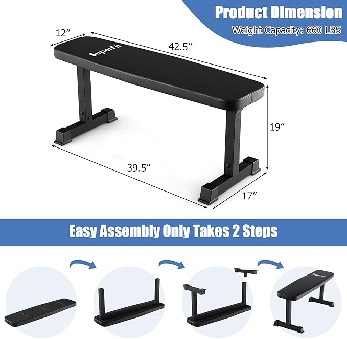 GYMAX Flat Weight Bench, 660lbs Easy Assembly Weight Bench Press with Thick Cushion & Anti-slip Foot Pads, Compact Strength Training Equipment for Home Gym Exercise