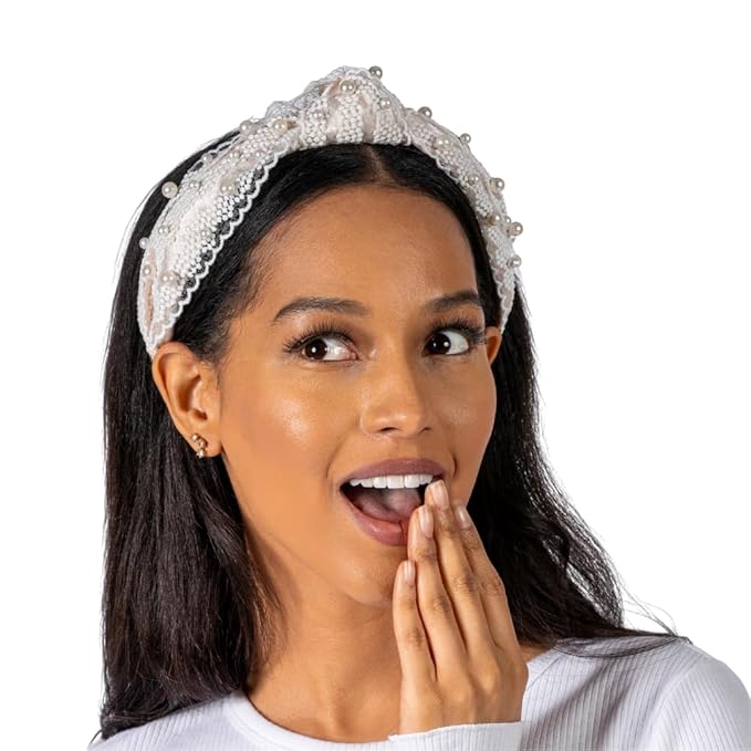 Knotted Headband for Women (Beige with Pearls), Wide Knotted Headband, Beige with Lace Trim and Small Pearls