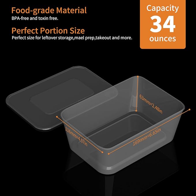 Meal Prep Containers,50 Pack 1 Compartment Food Storage Containers with Lids,Disposable Bento Box Reusable Plastic Lunch Box Kitchen Food Take-Out Box Microwave Dishwasher Freezer Safe(34 oz)