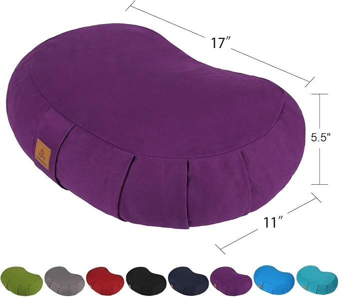 Crescent Zafu Meditation Pillow, D=17" W=11" H=5.5" Zabuton Yoga Bolster, Meditation Cushion, Floor Pouf Yoga Pillow Zippered Organic Cotton Cover Natural Buckwheat kneeling pillow - Large