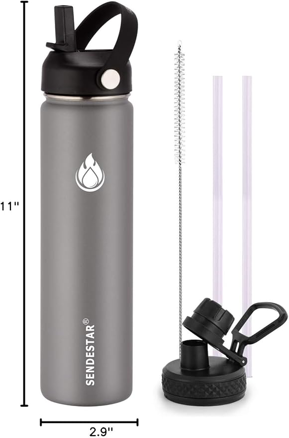 SENDESTAR Stainless Steel Water Bottle, Wide Mouth Water Bottle 24 oz with Straw Lid, Spout Lid, Double Wall Vacuum Insulated Leak Proof, Keeps Liquids Hot or Cold (Graphite)