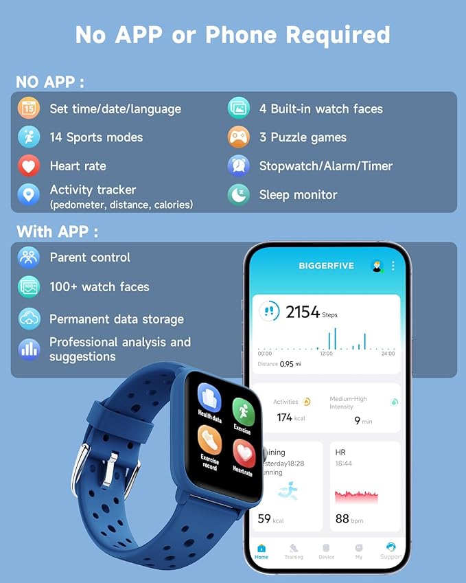 BIGGERFIVE Smart Watch for Kids Without APP, Fitness Tracker Watch Pedometer, Heart Rate, 5ATM Waterproof, Sleep Monitor, Calorie Step Counter, Games, Alarm Clock for Boys Girls 5-14, Porous Blue