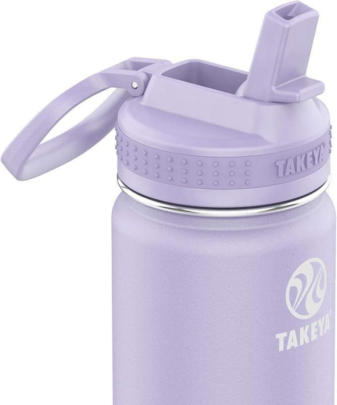 Takeya Actives Water Bottle with Straw Lid - Insulated Stainless Steel Water Bottle with Straw Lid - Dishwasher Safe Bottle & Lid - Durable Water Bottle with Easy Carry Lid - 18 oz, Lavender Fields
