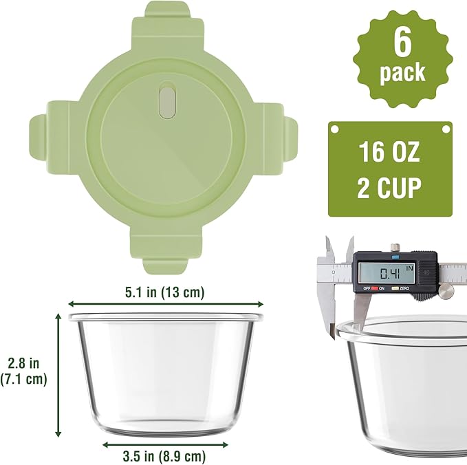 16oz Glass Meal Prep Containers with Lids, Airtight 2 Cup Glass Food Storage Containers Set, Heat-Resistant BPA-Free Container for Soup, Leftovers, Microwave, Oven, Dishwasher & Freezer Safe (6 Packs)