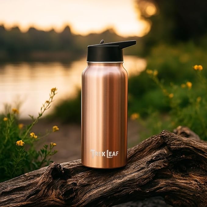 Travel Water Bottle with Carrying Bag, 3 Lids (Spout, Straw, Flip), and Bottle Brush; Leak Proof, Quality, Vacuum Insulated, Stainless Steel (Rose Gold, 32 oz)
