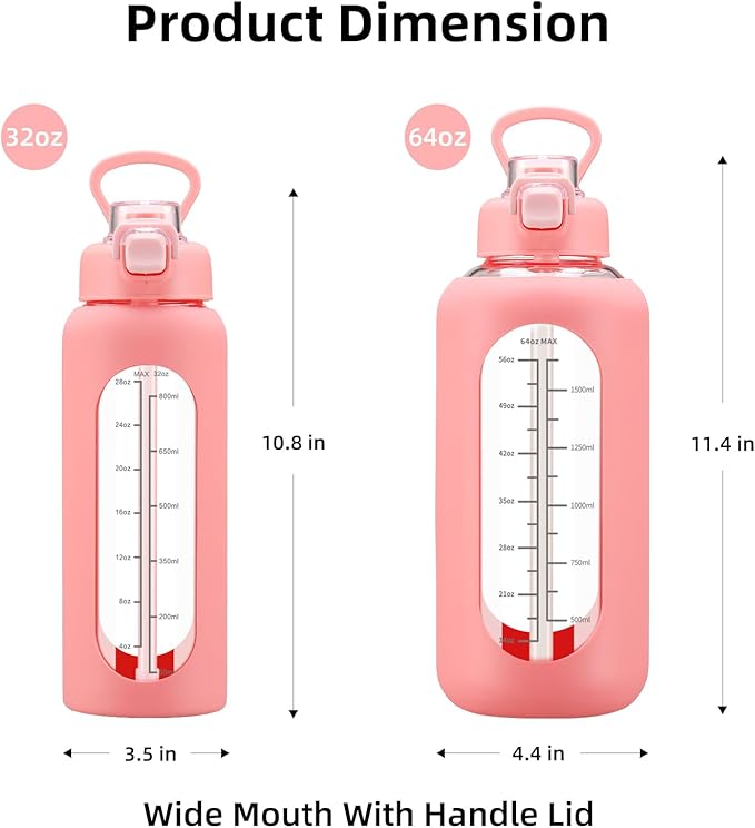 64 oz Glass Water Bolttles with Straw Half Gallon Large Motivational Water Bottle with Time Marker Sports Water Bottles with Silicone Sleeve and Handle Lid Water Jug for Gym Workout