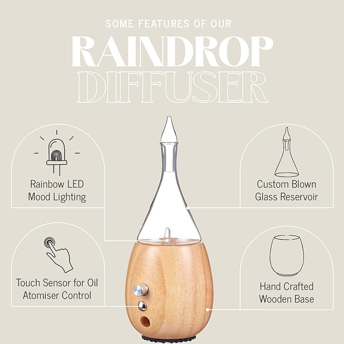 Raindrop 2.0 Nebulizing Diffuser for Essential Oil Aromatherapy Light-Colored Wood Base