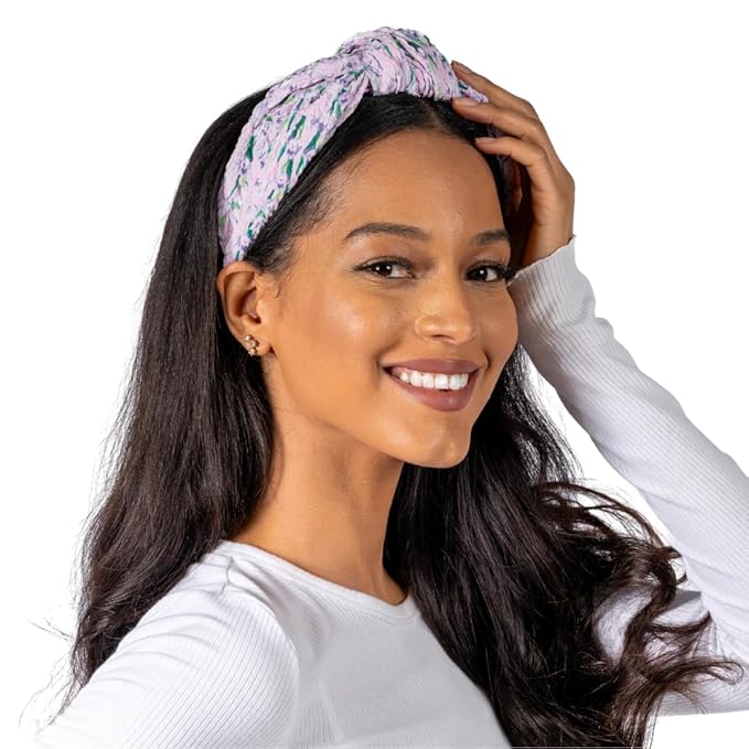 Knotted Headband for Women (Lilac Floral), Wide Knotted Headband for Women in Purple Lilac with Floral Pattern