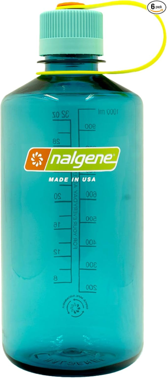 Nalgene Sustain Tritan BPA-Free Water Bottle Made with Material Derived from 50% Plastic Waste (using ISCC certified mass balance), 32 OZ, Narrow Mouth, Cerulean (Pack of 6)
