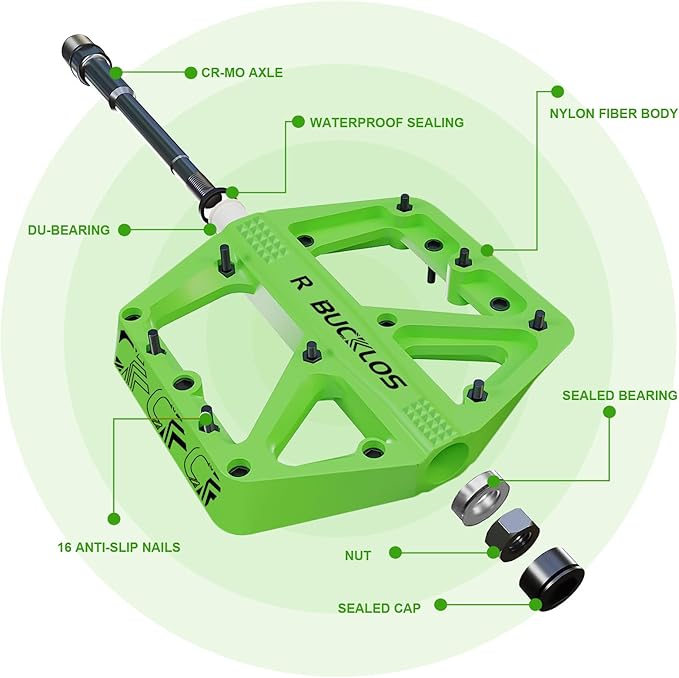 BUCKLOS Mountain Bike Pedals MTB Pedals Flat, Adult Bicycle Road Bike Large Platform Nylon Non-Slip Pedal for Gravel Bike/Hybrid Bike 9/16"