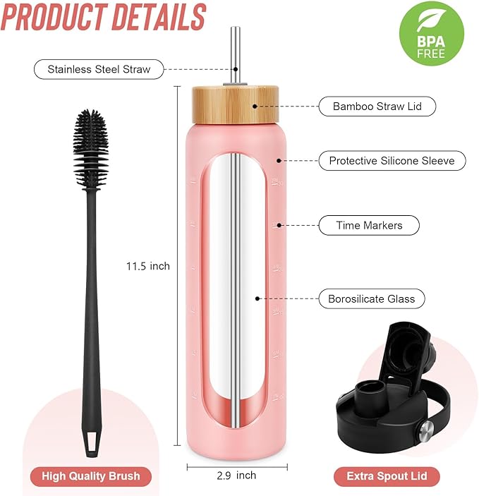 25 oz Glass Water Bottles - Motivational Tumbler With Time Marker - Borosilicate Glass With Silicone Sleeve and 2 Lids, Handle Spout & Bamboo Straw Lid (Pink)