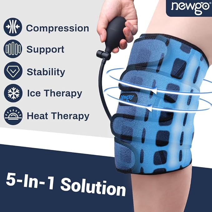 NEWGO Ice Pack for Knee Injuries Around Entire Knee with Air Pump, Reusable Gel Cold Pack Compression Wrap for Sports Injuries, Kee Sprains, Swelling, Soreness