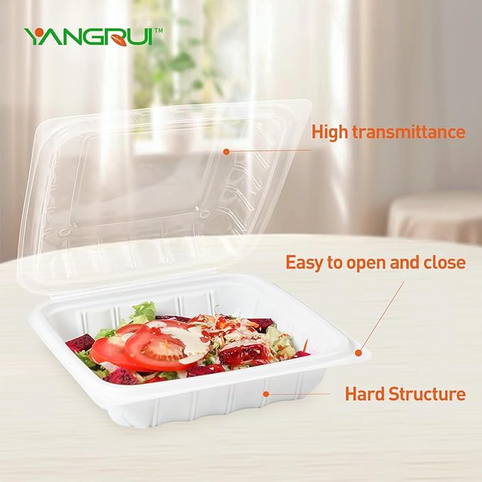 YANGRUI Takeout Containers 8 Inch 34 oz 25 Pack - Reusable Anti Fog Crystal Lid Technology Shrink Wrap To Go Box | BPA Free PP Plastic Freezer & Microwave Safe | White Restaurant Grade Food Container