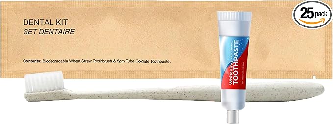 World Amenities Kraft Paper Dental Kit - Wheat Straw Toothbrush and Toothpaste Dental Care Kit (25)