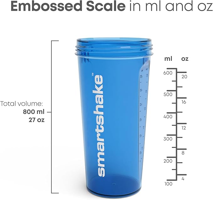Smartshake Lite 4-Pack Protein Shaker Bottle 800 ml | 27 oz - Leakproof Screw-on Lid - BPA Free – Unisex - Mist Gray, Army Green, Black, Navy Blue