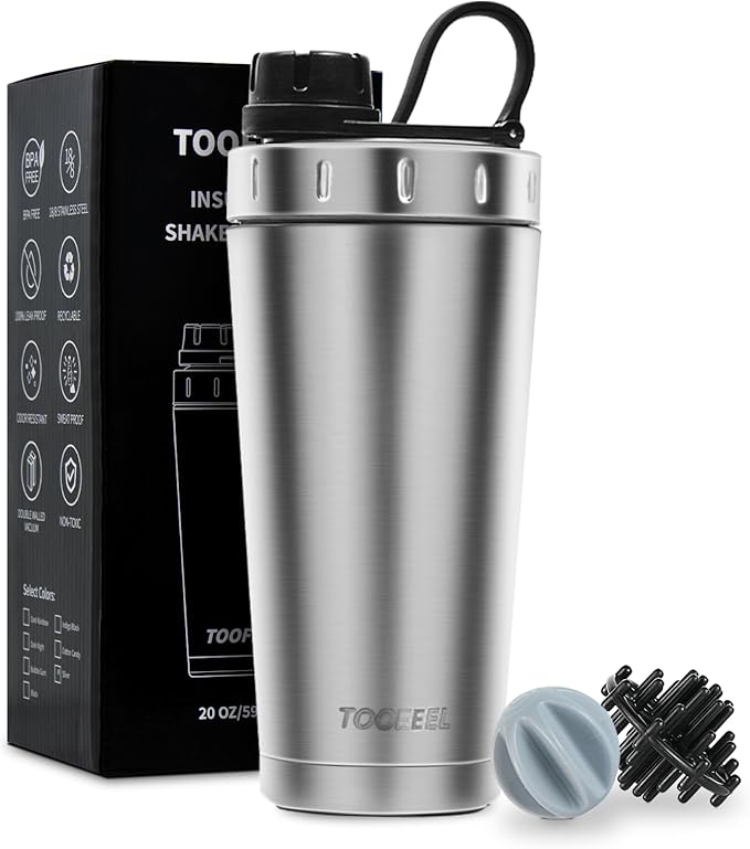 TOOFEEL Protein Shaker Bottle 20 oz - Double Walled Insulated Vacuum Cup for Protein Shakes, Keeps Cold/Hot, Metal Stainless Steel, Preworkout Gym