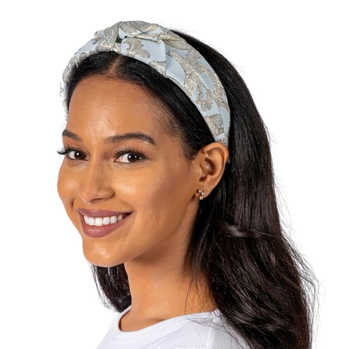 Knotted Headband for Women (Light Blue Baroque), Wide Modern Knotted Headband in Light Blue and Silver Baroque Pattern
