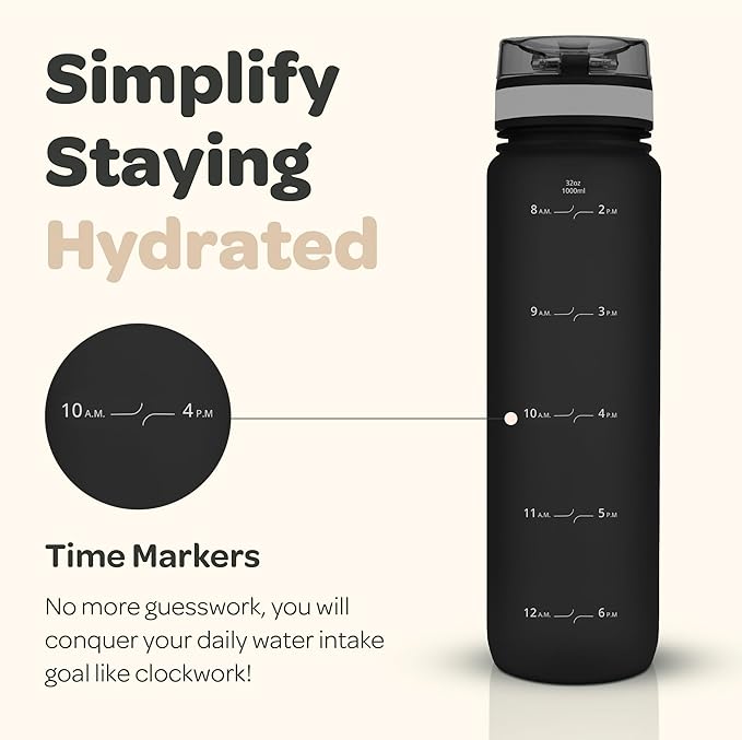 Hydracy Water Bottle with Time Marker -Large BPA Free Water Bottle & No Sweat Sleeve -Leak Proof Gym Bottle with Fruit Infuser Strainer & Times to Drink -Ideal for Fitness Sports & Outdoors