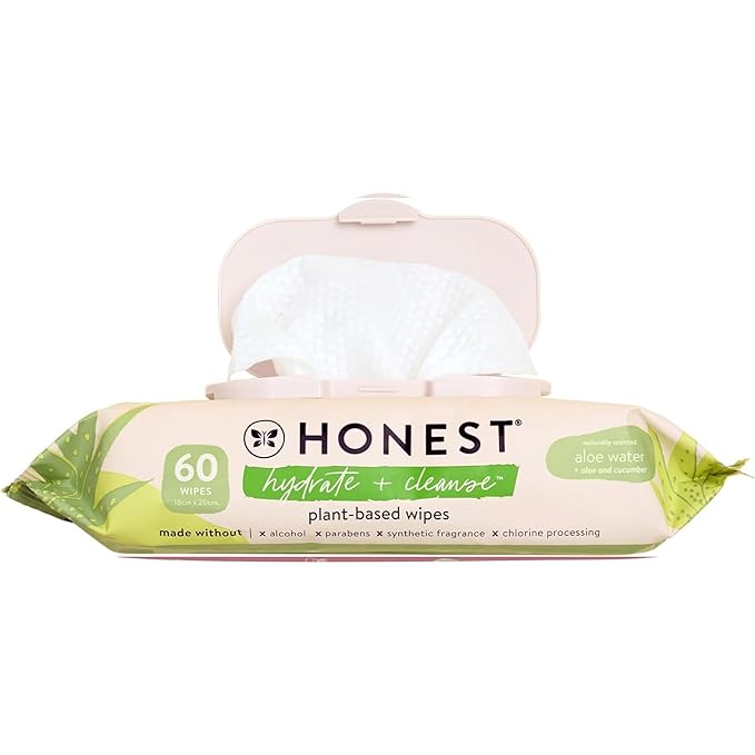 The Honest Company Hydrate + Cleanse Naturally Scented Wipes | Cleansing Multi-Tasking Wipes | 99% Water, Plant Based, Hypoallergenic | Aloe + Cucumber, 60 Count