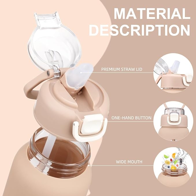 32 oz Glass Water Bottles with 2 Lids-Handle Spout Lid & Straw Lid, 1 Liter Motivational Borosilicate Water Bottle with Time Marker and Silicone Sleeve,Leakproof-Amber-1 Pack