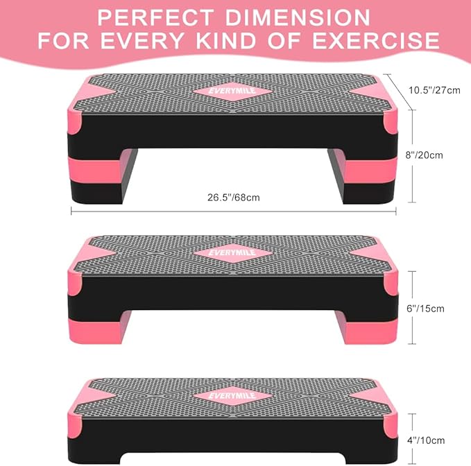 EVERYMILE Aerobic Exercise Step, Adjustable Aerobic Stepper for Exercise, Workout Step Platform, Step Up Box, 26.5" Step Deck with 4” 6” 8” Adjustable Height Risers, Women Home Gym Fitness