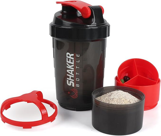 Shaker Bottle,16oz Protein Shaker Bottles with Mixing Ball, 3 in 1 Leak-proof GYM Shake Cup with Powder Storage & Pill Tray, Ideal for Workout,BPA Free(Red)