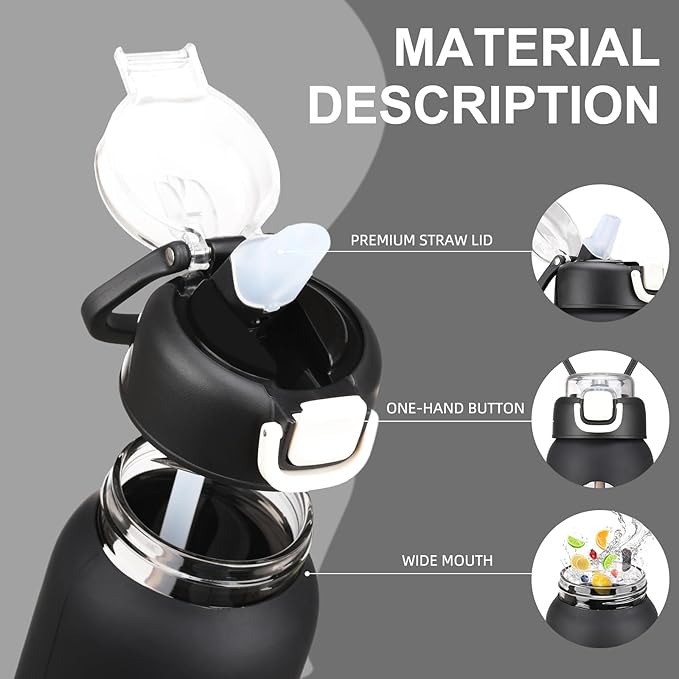 24 oz Glass Water Bottles with 2 Lids-Handle Spout Lid & Straw Lid, Motivational Water Bottle with Time Marker and Silicone Sleeve,Leakproof-Black-1 Pack