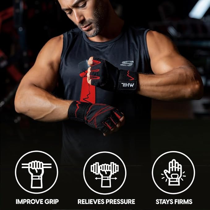 MhIL Workout Gloves for Men โ Comfortable Gym Gloves for Men with Enhanced Grip for Safety and Hand Protection โ Weight Lifting Protection with Wrist Wraps Support for Performance Boost and Style