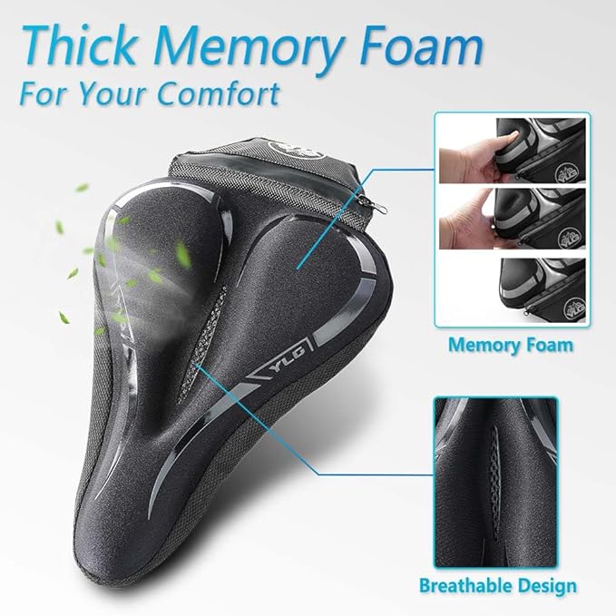 YLG Bike Seat Cover, Memory Foam & Gel Bike Seat Cushion Cover for Men Women, Comfortable Bicycle Seat Cover for Peloton/Fixed/Cruiser/Indoor/Outdoor Bike seat with Waterproof Cover