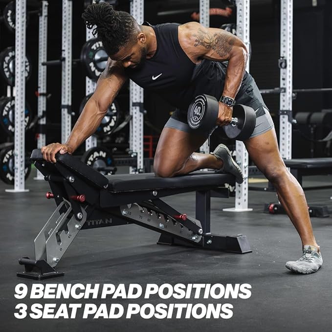 Titan Fitness TITAN Series Adjustable Bench, Supports 600 LB Incline, 1,000 LB Flat, Versatile Single Post Utility Workout Bench for Home Gym, Weightlifting, Strength Training