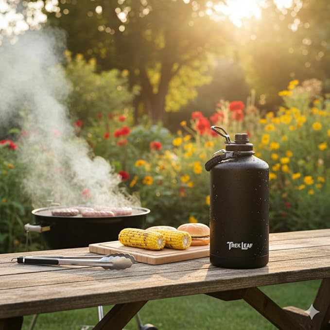 Travel Water Bottle with Carrying Bag, 3 Lids (Spout, Straw, Handle), and Bottle Brush; Leak Proof, Quality, Vacuum Insulated, Stainless Steel (Black, 128 oz)