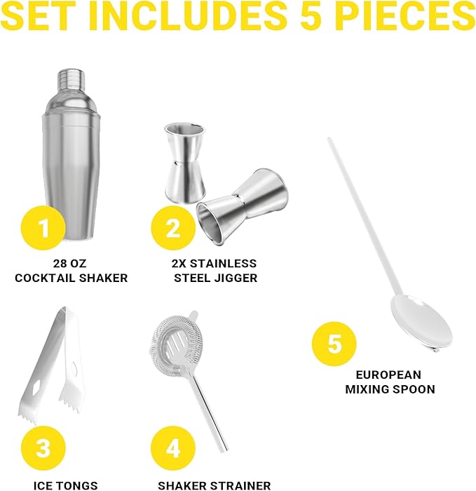 Bartender Kit – 5-Piece Stainless Steel Cocktail Shaker Set for Home & Bar – Drink Mixing Set with Accessories