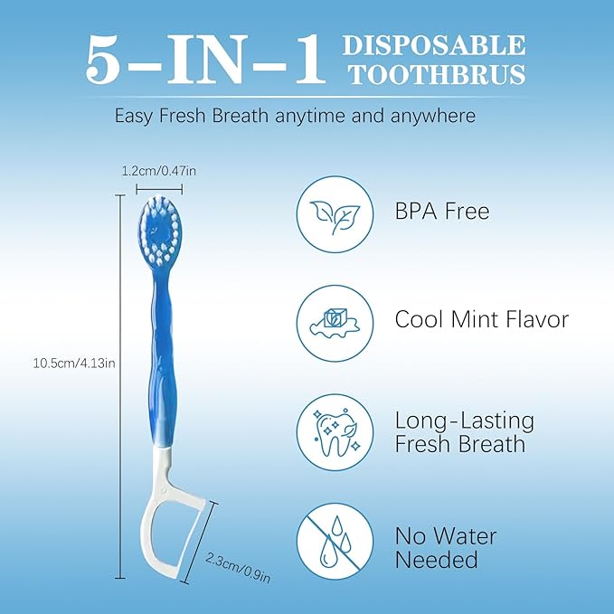 26Pack 5 in 1 Toothbrush & Floss,5 in 1 mini Toothbrush & Floss & Tongue Scraper & Toothpick Set,Disposable Toothbrushes with Toothpaste, Portable Oral Care for Travel Work (1bag) (1 Bag)